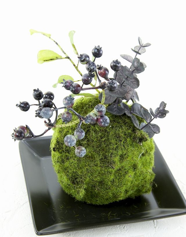 【造花 観葉植物 インテリアグリーン】苔玉 和風アレンジ13（下皿付き）