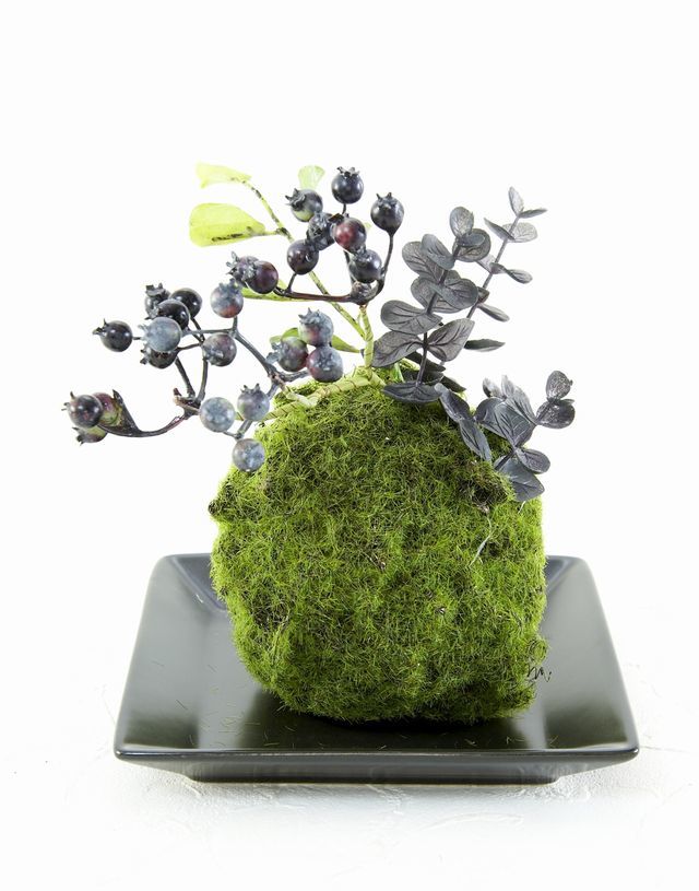 【造花 観葉植物 インテリアグリーン】苔玉 和風アレンジ13（下皿付き）
