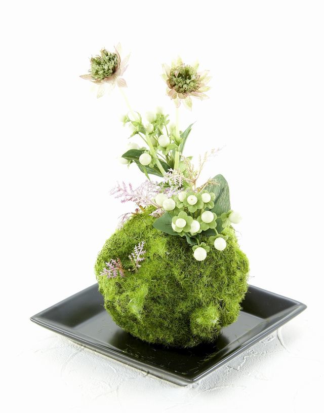 【造花 観葉植物 インテリアグリーン】苔玉 和風アレンジ16（下皿付き）