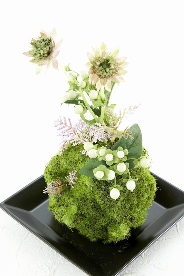 【造花 観葉植物 インテリアグリーン】苔玉 和風アレンジ16（下皿付き）