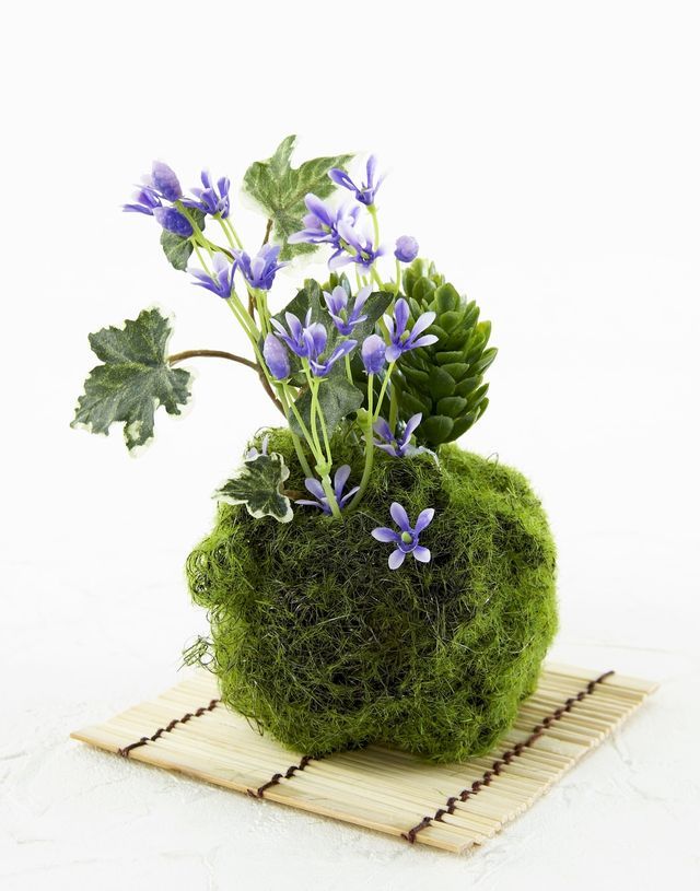 【造花 観葉植物 インテリアグリーン】苔玉 和風アレンジ19（下皿付き）