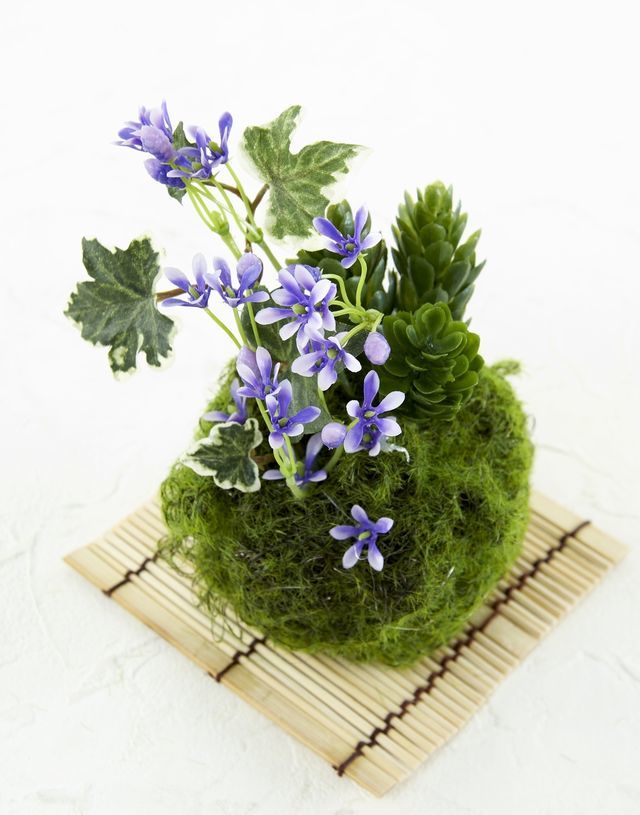 【造花 観葉植物 インテリアグリーン】苔玉 和風アレンジ19（下皿付き）
