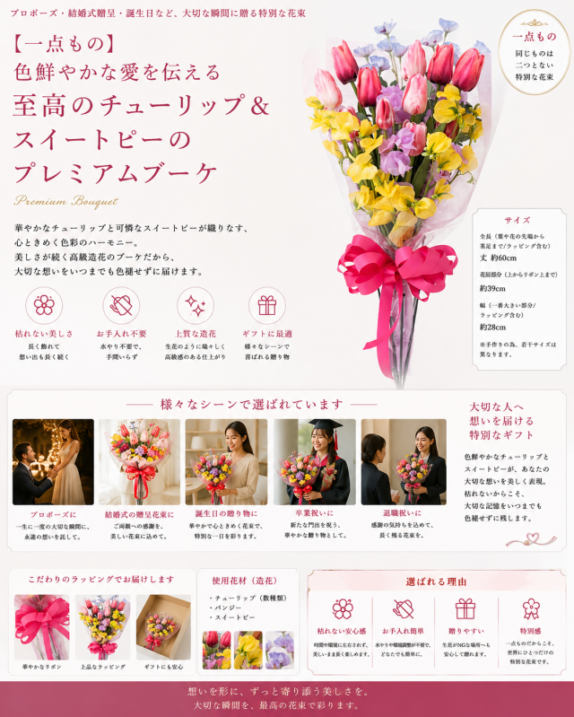 【一点もの】色鮮やかな愛を伝える｜至高のチューリップ＆スイートピーのプレミアムブーケ（プロポーズ・結婚式贈呈・誕生日）