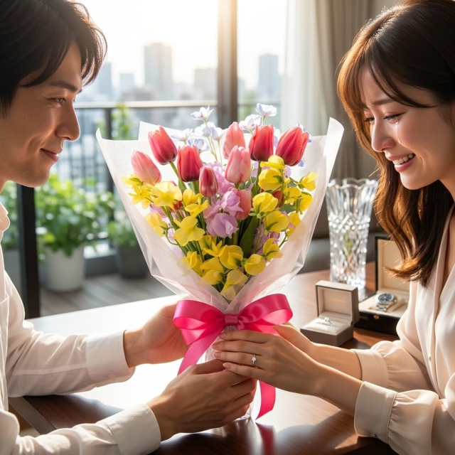 【一点もの】色鮮やかな愛を伝える｜至高のチューリップ＆スイートピーのプレミアムブーケ（プロポーズ・結婚式贈呈・誕生日）
