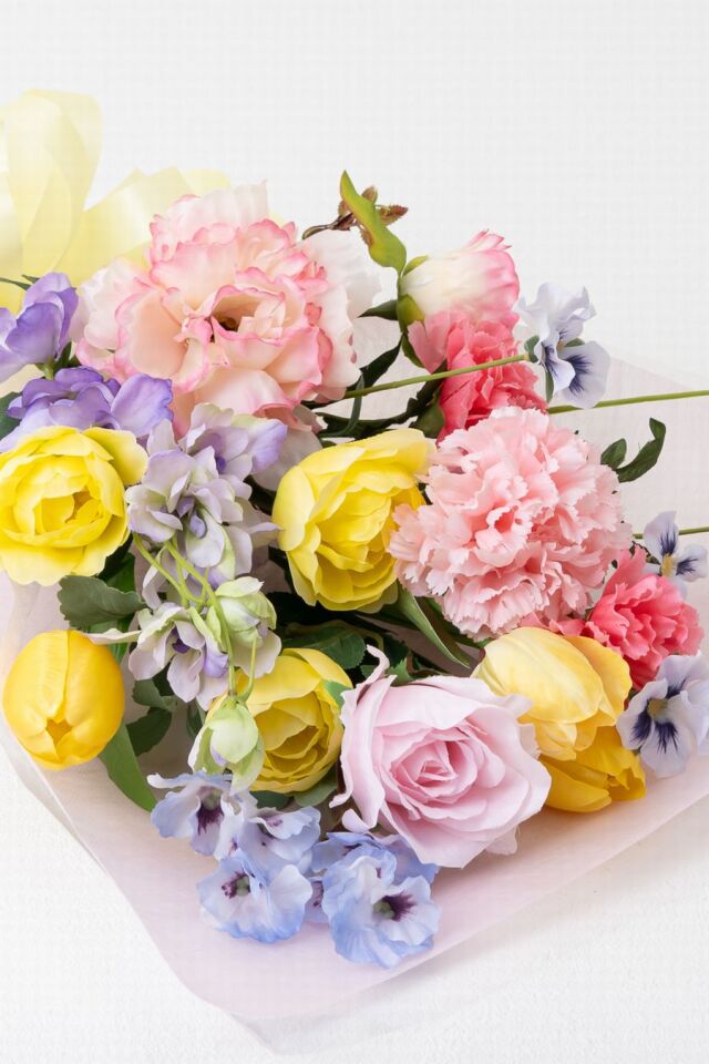 【一点もの】造花 花束｜ラグジュアリー アーティフィシャルフラワー ブーケ（チューリップ・ピオニー・カーネーション）特別な贈り物に