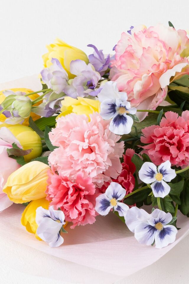 【一点もの】造花 花束｜ラグジュアリー アーティフィシャルフラワー ブーケ（チューリップ・ピオニー・カーネーション）特別な贈り物に