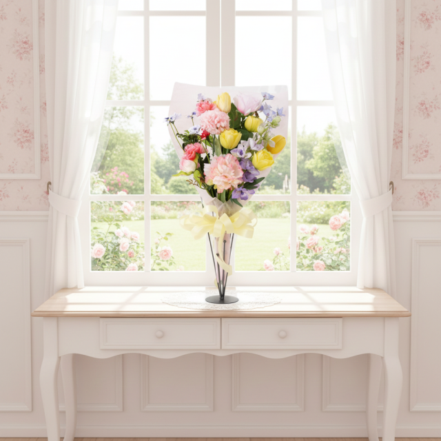 【一点もの】造花 花束｜ラグジュアリー アーティフィシャルフラワー ブーケ（チューリップ・ピオニー・カーネーション）特別な贈り物に