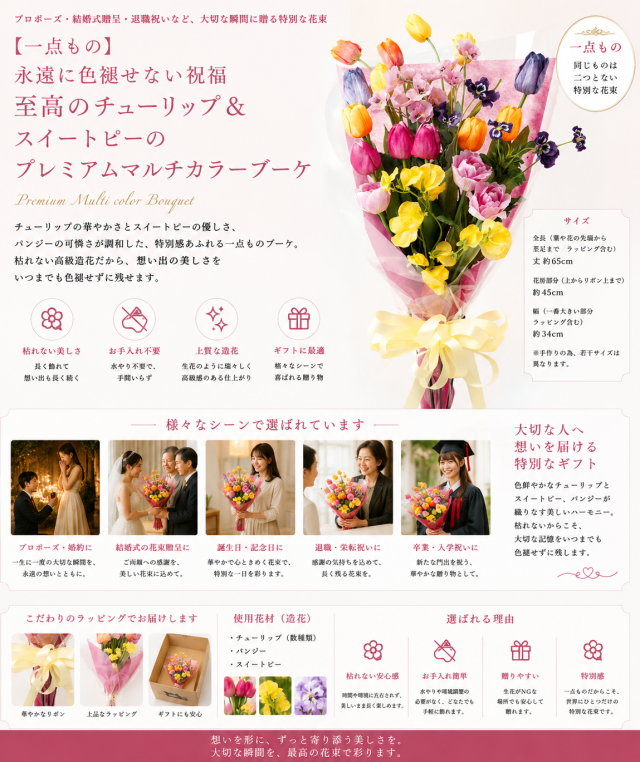 【一点もの】永遠に色褪せない祝福｜至高のチューリップ＆スイートピーのプレミアムマルチカラーブーケ