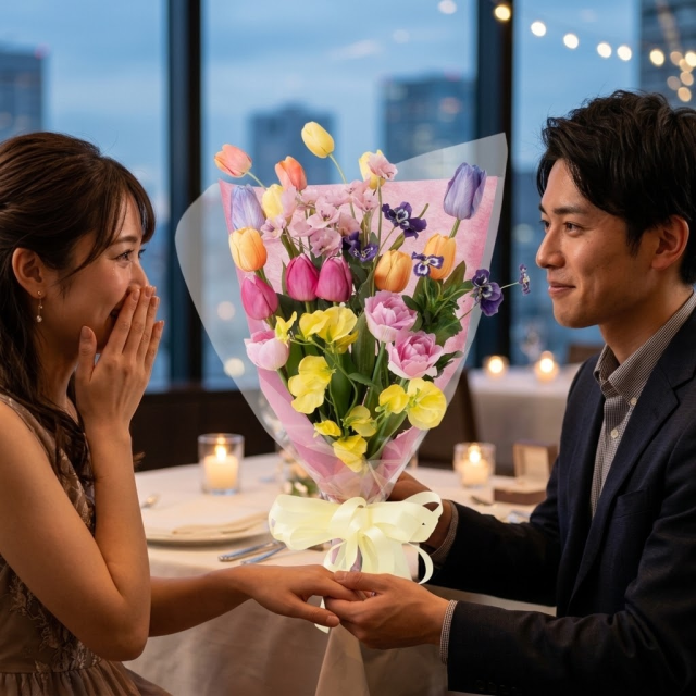【一点もの】永遠に色褪せない祝福｜至高のチューリップ＆スイートピーのプレミアムマルチカラーブーケ