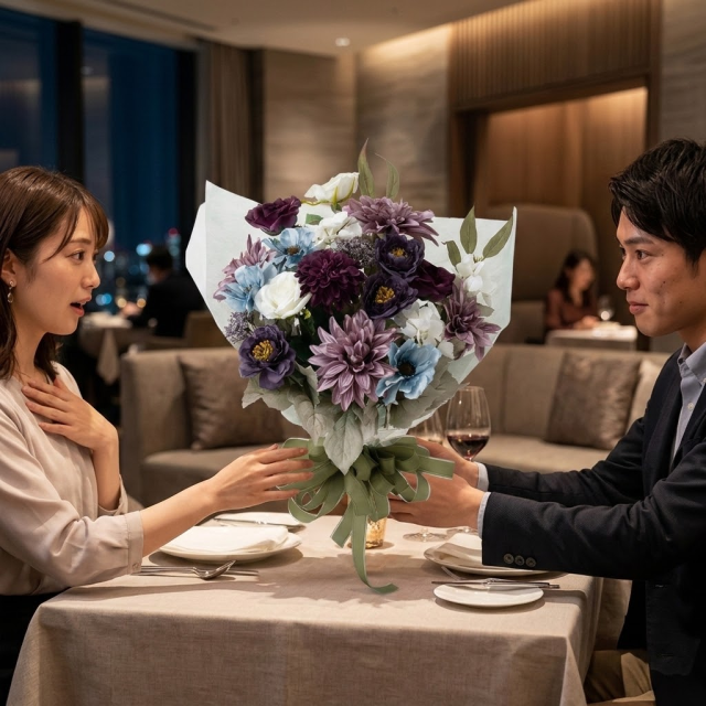 高級アーティフィシャルフラワーの花束｜上品なパープル＆ブルーブーケ（誕生日・記念日・お祝いの枯れない贈り物）
