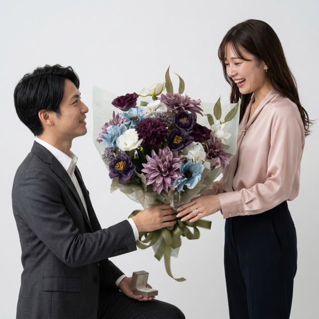 高級アーティフィシャルフラワーの花束｜上品なパープル＆ブルーブーケ（誕生日・記念日・お祝いの枯れない贈り物）