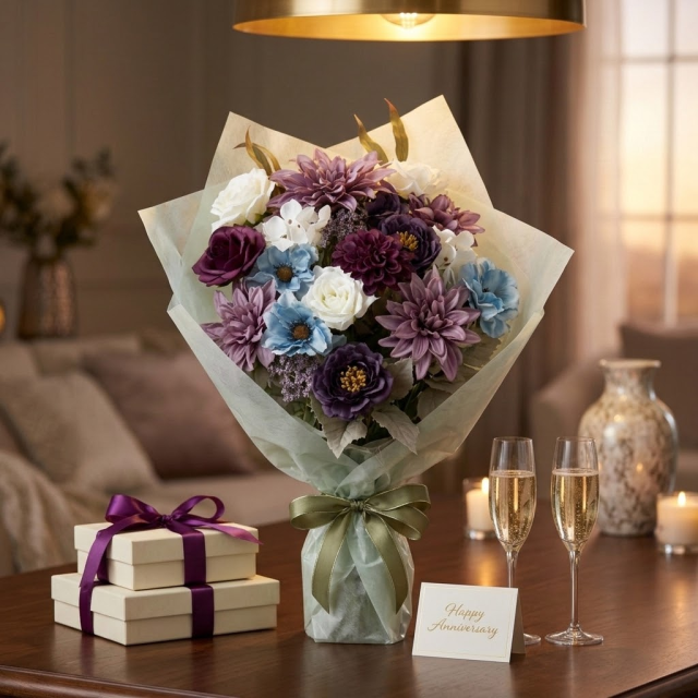 高級アーティフィシャルフラワーの花束｜上品なパープル＆ブルーブーケ（誕生日・記念日・お祝いの枯れない贈り物）
