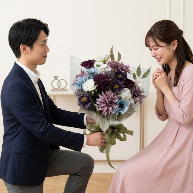 高級アーティフィシャルフラワーの花束｜上品なパープル＆ブルーブーケ（誕生日・記念日・お祝いの枯れない贈り物）