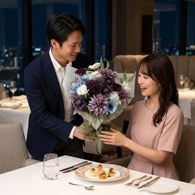 高級アーティフィシャルフラワーの花束｜上品なパープル＆ブルーブーケ（誕生日・記念日・お祝いの枯れない贈り物）