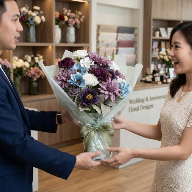 高級アーティフィシャルフラワーの花束｜上品なパープル＆ブルーブーケ（誕生日・記念日・お祝いの枯れない贈り物）
