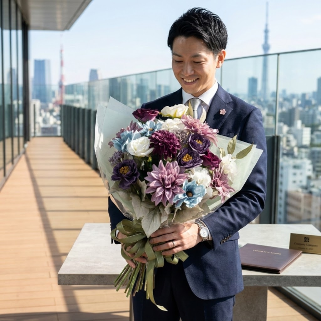 高級アーティフィシャルフラワーの花束｜上品なパープル＆ブルーブーケ（誕生日・記念日・お祝いの枯れない贈り物）