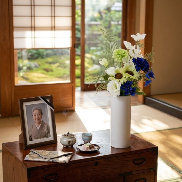【アーティフィシャルフラワー・造花 お墓・お仏壇向け仏花・供花】向日葵とトルコ桔梗の洋風供花（左右１対セット）