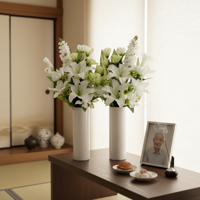【造花の仏花・供花】カサブランカ＆トルコキキョウ&ストックのモダン造花供花／2束セット（左右１対）