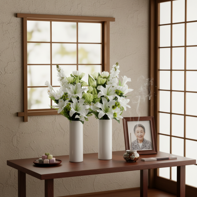 【造花の仏花・供花】カサブランカ＆トルコキキョウ&ストックのモダン造花供花／2束セット（左右１対）