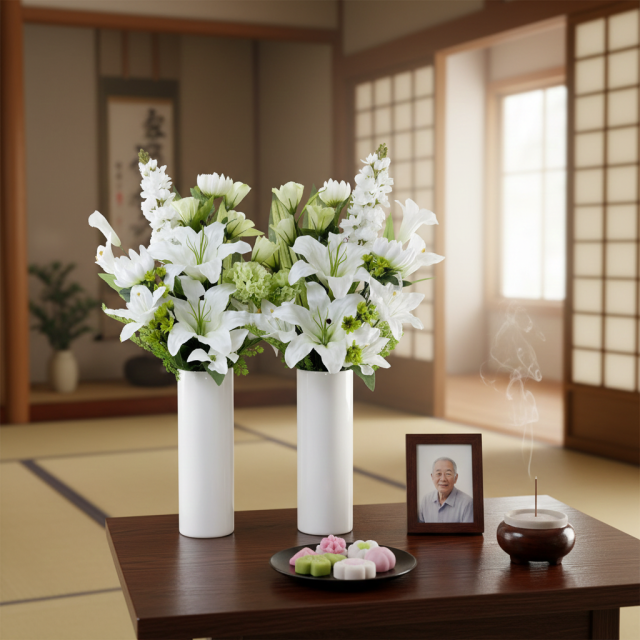 【造花の仏花・供花】カサブランカ＆トルコキキョウ&ストックのモダン造花供花／2束セット（左右１対）