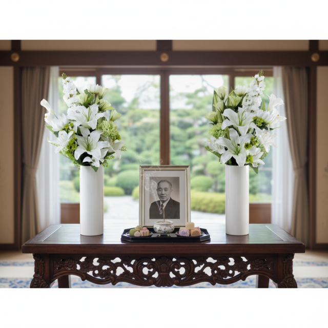 【造花の仏花・供花】カサブランカ＆トルコキキョウ&ストックのモダン造花供花／2束セット（左右１対）