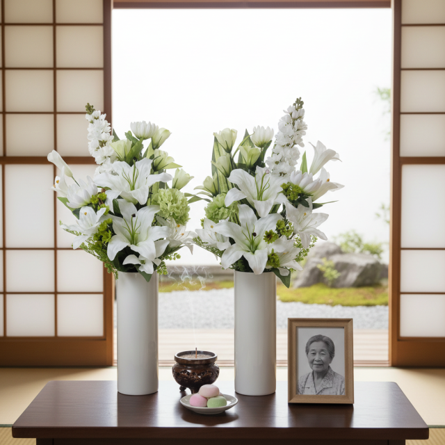 【造花の仏花・供花】カサブランカ＆トルコキキョウ&ストックのモダン造花供花／2束セット（左右１対）