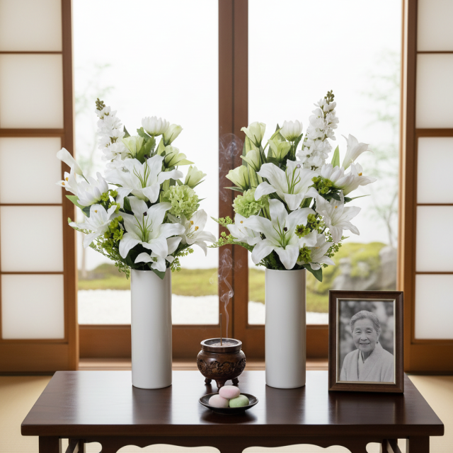 【造花の仏花・供花】カサブランカ＆トルコキキョウ&ストックのモダン造花供花／2束セット（左右１対）