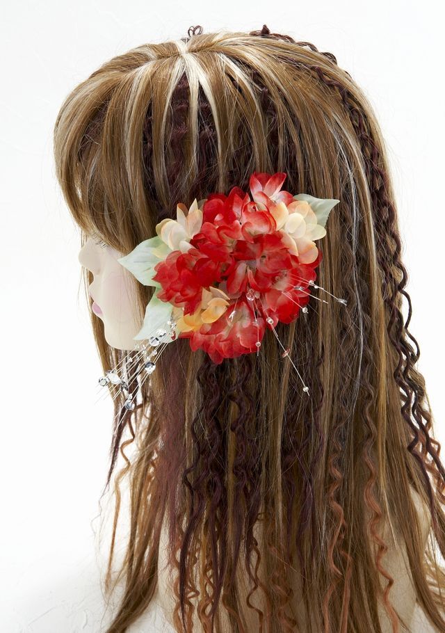 【特価SALE　髪飾り・ヘアアクセサリー】紫陽花−レッド×オレンジ・バレッタ