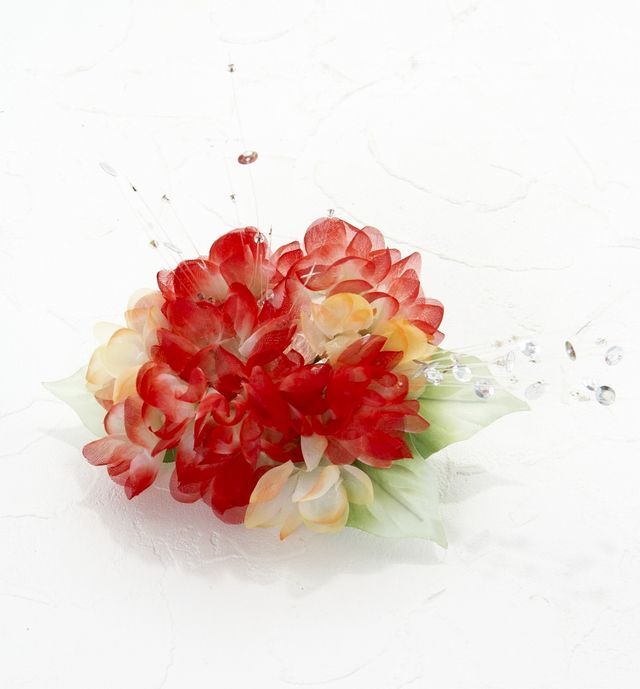【特価SALE　髪飾り・ヘアアクセサリー】紫陽花−レッド×オレンジ・バレッタ