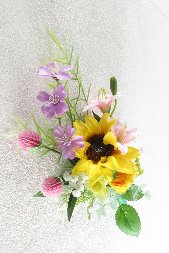【アーティフィシャルフラワー・造花 お仏壇向けリトル仏花・供花】向日葵とミニ百合のミニ供花−1束タイプ