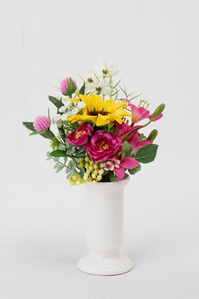 【アーティフィシャルフラワー・造花 お仏壇向けリトル仏花・供花】向日葵とミニ百合のミニ供花−1束タイプ
