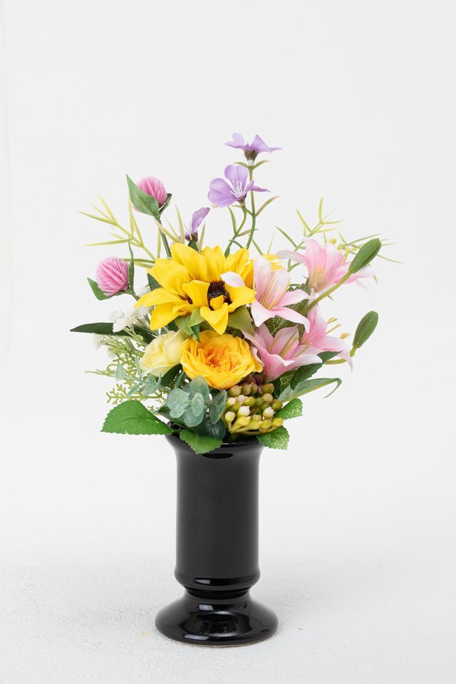 【アーティフィシャルフラワー・造花 お仏壇向けリトル仏花・供花】向日葵とミニ百合のミニ供花−1束タイプ