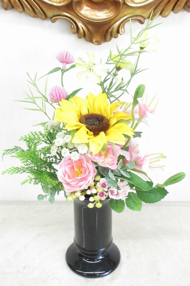 【アーティフィシャルフラワー・造花 お仏壇向けリトル仏花・供花】向日葵とミニ百合のミニ供花−1束タイプ