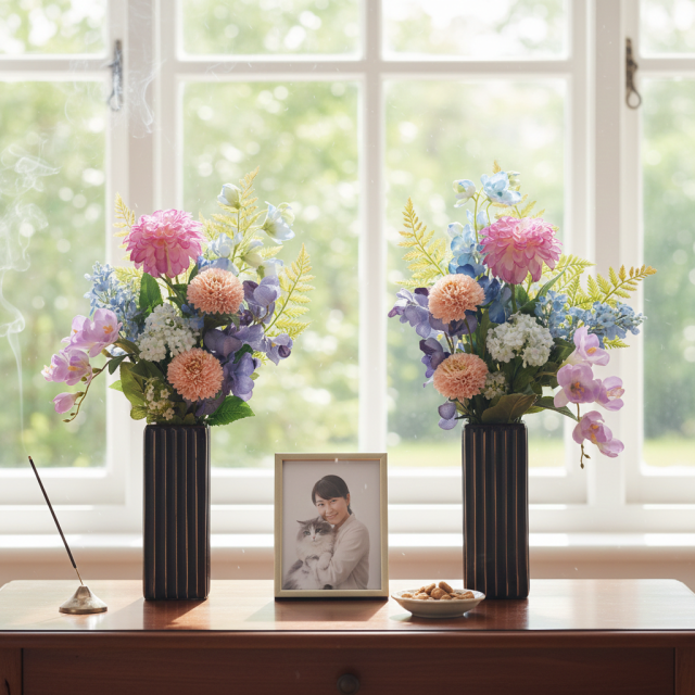 【洋風供花】高級造花 仏花 一対 お供え用アーティフィシャルフラワー｜ダリア・蘭使用 50cm（贅沢仕立て お盆 お彼岸 命日 法事）