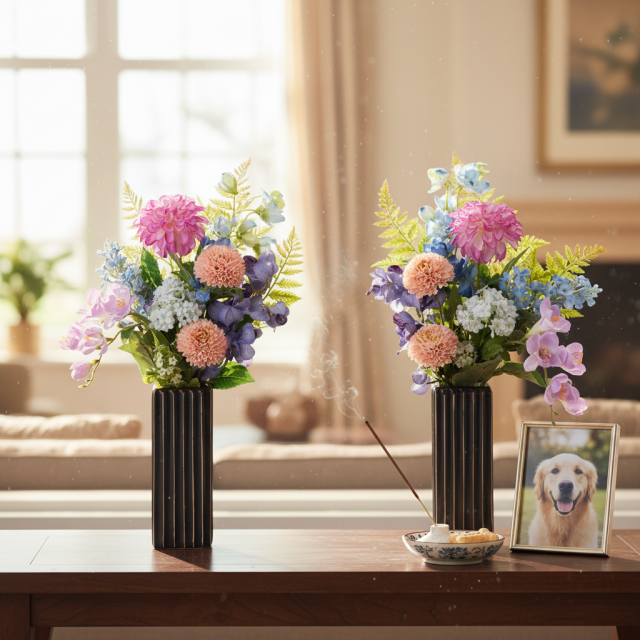 【洋風供花】高級造花 仏花 一対 お供え用アーティフィシャルフラワー｜ダリア・蘭使用 50cm（贅沢仕立て お盆 お彼岸 命日 法事）