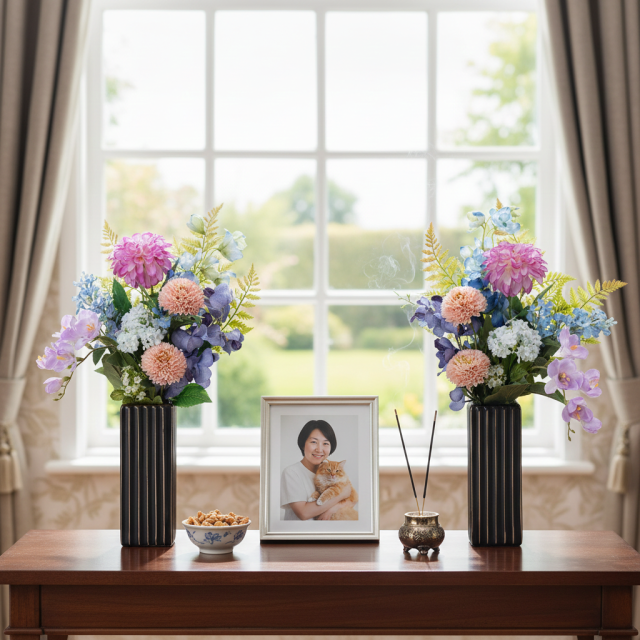 【洋風供花】高級造花 仏花 一対 お供え用アーティフィシャルフラワー｜ダリア・蘭使用 50cm（贅沢仕立て お盆 お彼岸 命日 法事）