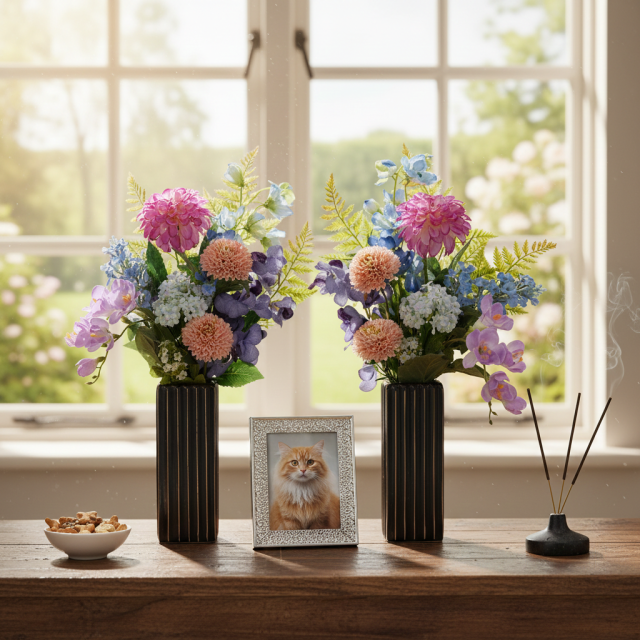 【洋風供花】高級造花 仏花 一対 お供え用アーティフィシャルフラワー｜ダリア・蘭使用 50cm（贅沢仕立て お盆 お彼岸 命日 法事）