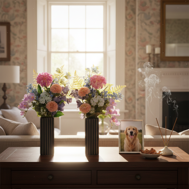 【洋風供花】高級造花 仏花 一対 お供え用アーティフィシャルフラワー｜ダリア・蘭使用 50cm（贅沢仕立て お盆 お彼岸 命日 法事）