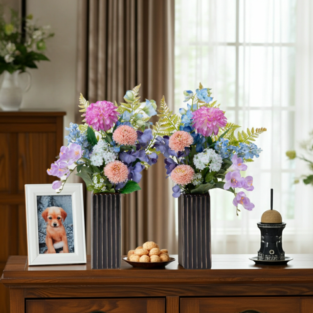 【洋風供花】高級造花 仏花 一対 お供え用アーティフィシャルフラワー｜ダリア・蘭使用 50cm（贅沢仕立て お盆 お彼岸 命日 法事）