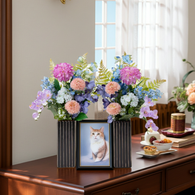 【洋風供花】高級造花 仏花 一対 お供え用アーティフィシャルフラワー｜ダリア・蘭使用 50cm（贅沢仕立て お盆 お彼岸 命日 法事）