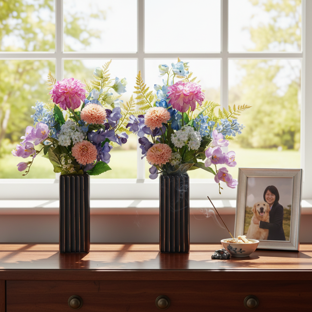 【洋風供花】高級造花 仏花 一対 お供え用アーティフィシャルフラワー｜ダリア・蘭使用 50cm（贅沢仕立て お盆 お彼岸 命日 法事）