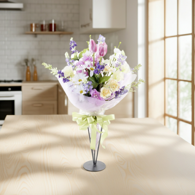 【贈答・贈呈用花束・造花花束・花束ギフト】スイートピーとチューリップのアーティフィシャルフラワーブーケ/パープルミックス