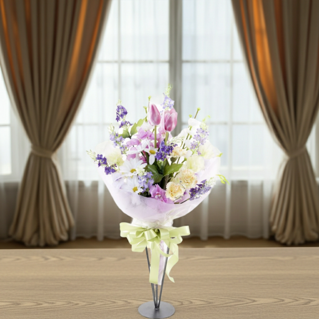 【贈答・贈呈用花束・造花花束・花束ギフト】スイートピーとチューリップのアーティフィシャルフラワーブーケ/パープルミックス