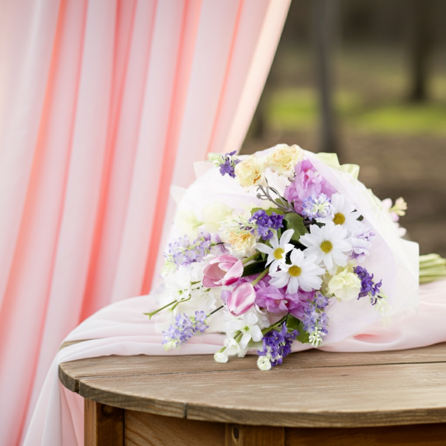 【贈答・贈呈用花束・造花花束・花束ギフト】スイートピーとチューリップのアーティフィシャルフラワーブーケ/パープルミックス