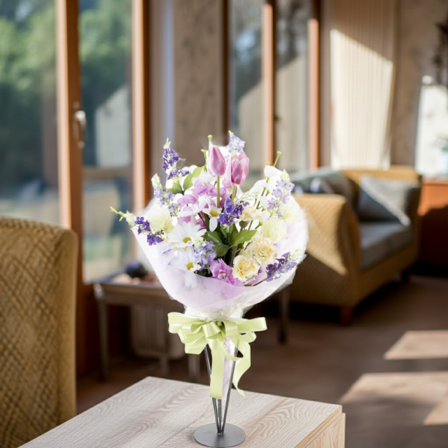 【贈答・贈呈用花束・造花花束・花束ギフト】スイートピーとチューリップのアーティフィシャルフラワーブーケ/パープルミックス