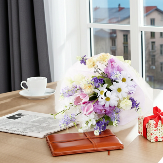 【贈答・贈呈用花束・造花花束・花束ギフト】スイートピーとチューリップのアーティフィシャルフラワーブーケ/パープルミックス