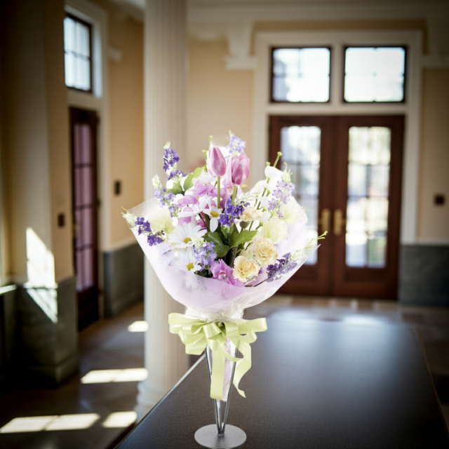 【贈答・贈呈用花束・造花花束・花束ギフト】スイートピーとチューリップのアーティフィシャルフラワーブーケ/パープルミックス