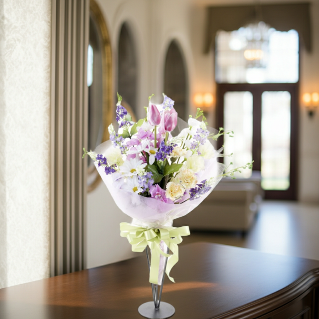 【贈答・贈呈用花束・造花花束・花束ギフト】スイートピーとチューリップのアーティフィシャルフラワーブーケ/パープルミックス