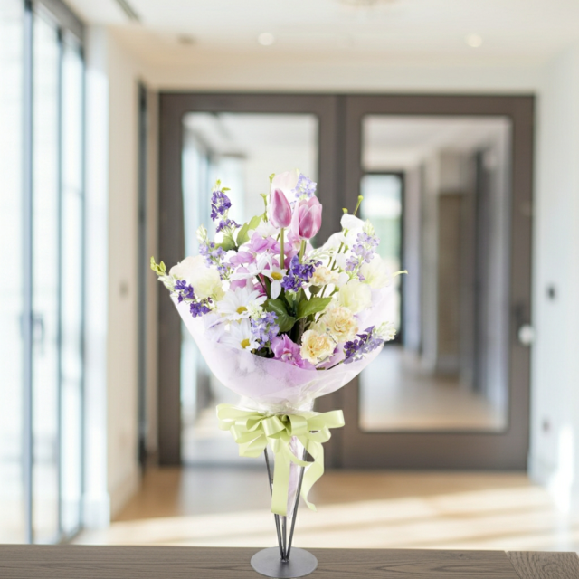 【贈答・贈呈用花束・造花花束・花束ギフト】スイートピーとチューリップのアーティフィシャルフラワーブーケ/パープルミックス