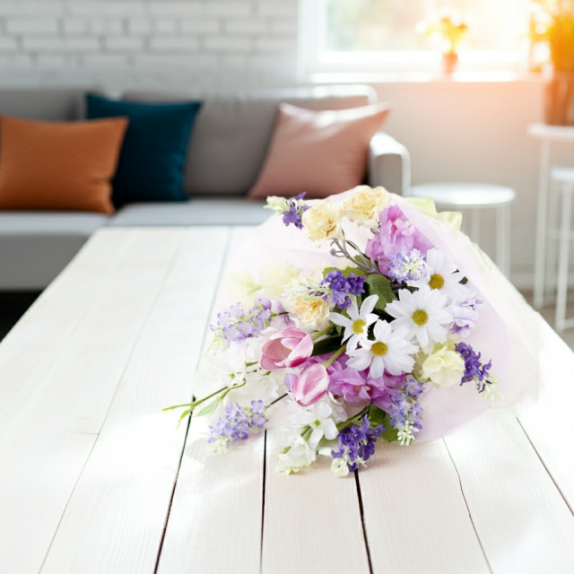 【贈答・贈呈用花束・造花花束・花束ギフト】スイートピーとチューリップのアーティフィシャルフラワーブーケ/パープルミックス